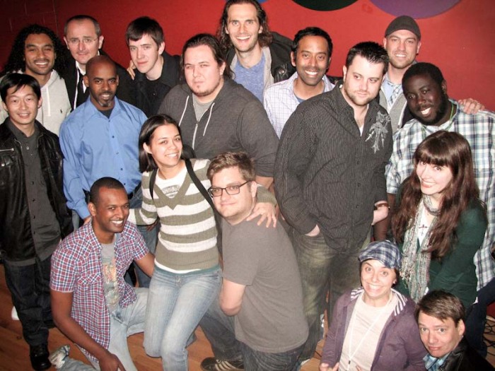 Seattle International Comedy Competition contestants, including Croation Pedja Bajovic (back left) and Brit Ria Lina (front middle) at Laughs Comedy Spot in Kirkland. (Photo by Peter Greyy)