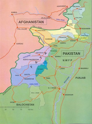 The Federally Administered Tribal Areas are a semi-autonomous region of Pakistan inhabited by Pashtun tribes and known as a safe haven for Taliban militants. (Map by Hbtila)