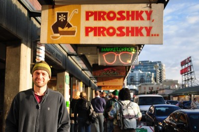 Oliver Kotelnikov outside the Pike Place Market bakery that made piroshkies famous in Seattle. (Photo by Yvonne Rogell)