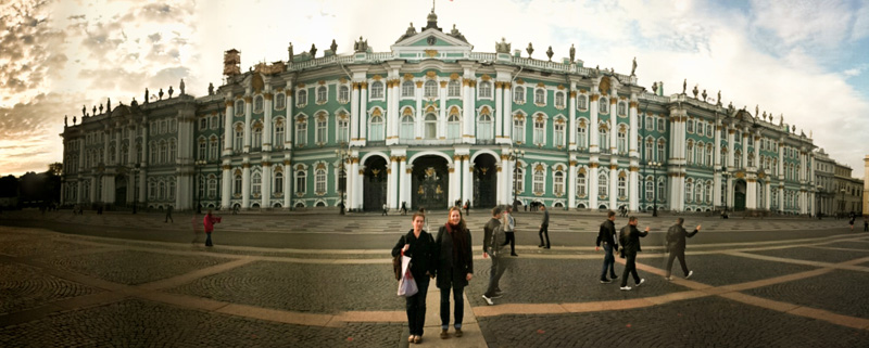 Generation Putin producers Jessica Partnow and Sarah Stuteville in front of the Hermitage museum in St. Petersberg. (Photo by Alex Stonehill)