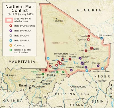 A map of conflict in Northern Mali, marking cities held by different Tuareg and Islamist groups. (From Wikipedia by Orionist)