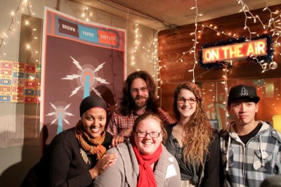 From left: Rahwa Habte of OneAmerica, Forrest Baum of Hollow Earth Radio, Sabrina Roach of Brown Paper Tickets, and Ellen McCleerey and Paul Kim from UW Bothell. (Photo by Harmony Gonty)