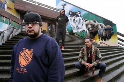 Filmmakers Lane Stevens, left, Dave Wilson and Gyasi Ross are part of the Idle No More indigenous-protest movement. (Photo by Alan Berner/Seattle Times).