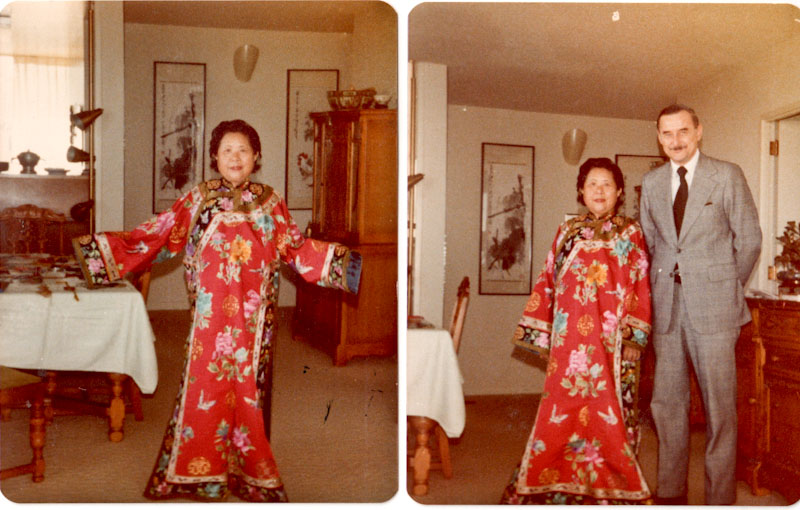 Mary Young, wearing her favorite Qing Dynasty area Manchu noblewoman robe, with former Tacoma Art Museum director Jon Kowalek. (Photo courtesy of the Young Family)
