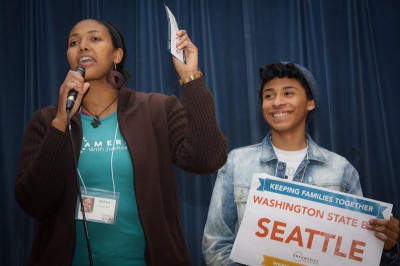 Rahwa Habte, of OneAmerica, and tour participant Carlos Martinez in Vancouver. (Photo courtesy OneAmerica)
