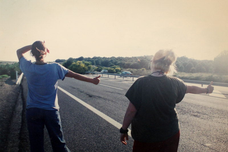 Sarah Stuteville (left) hitchhiking with friends in Spain in 2000. (Photo by Eroyn Franklin).
