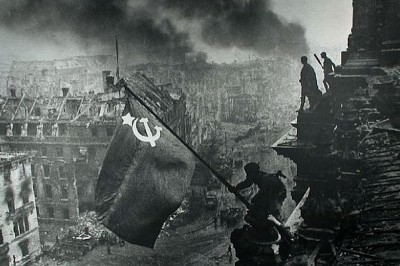 The Soviet flag is placed upon the Reighstag, Berlin on May 9, 1945