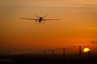 An MQ-9 Reaper drone comes into land at Kandahar Airbase in Helmand, Afghanistan. (Photo by UK Ministry of Defence)