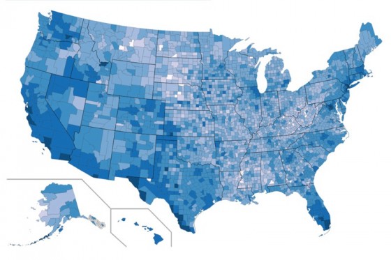 A map of US Census data shows the percentage of the population that's foreign born, county by county. (Via Indexmundi.com)
