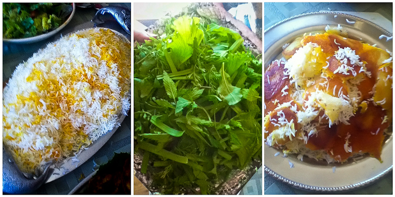 Chelo (rice), sabzi (greens) and tahdiq (crispy rice with potatoes). (Photos by Mahroo Keshavarz)