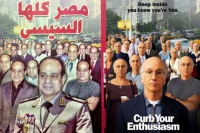 A recent cover of Egyptian magazine "Voice of the Nation" (left) showed support for General al-Sisi's military crackdowns on the Muslim Brotherhood, while drawing design inspiration from HBO's "Curb Your Enthsiasm." (Photo via Vanity Fair)