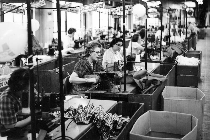A garment factory in the U.S. in 1964, long before international trade barriers were removed. Today labor costs in the U.S. are more than 20 times higher than in Southeast Asia. (Photo courtesy The Kheel Center) 
