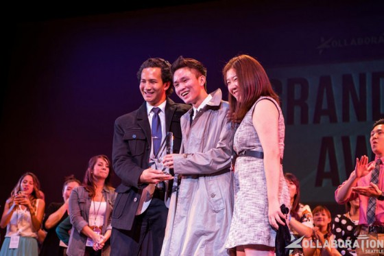 Executive Director for Kollaboation Seattle Victoria Ju (right) awards competitors Troy Osaki (center) and Ariel Loud (left). (Photo by John Xiaomeng Zhang)