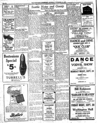 The Northwest Enterprise from 1932, with an ad for a movie and dance at Washington Hall in the lower right. (Courtesy of Washington Hall)