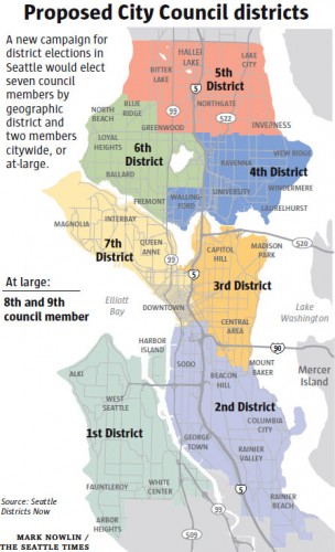 Seattle's new City Council districts. District 2 is "majority-minority," but critics say minority voting blocs will be diluted in districts 1 and 3 (Map via The Seattle Times — used by permission)