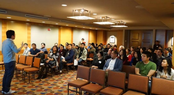 Dennis Goh addresses a meetup of Singaporeans in Seattle. (Photo courtesy Singaporeans in Seattle Meetup Group)