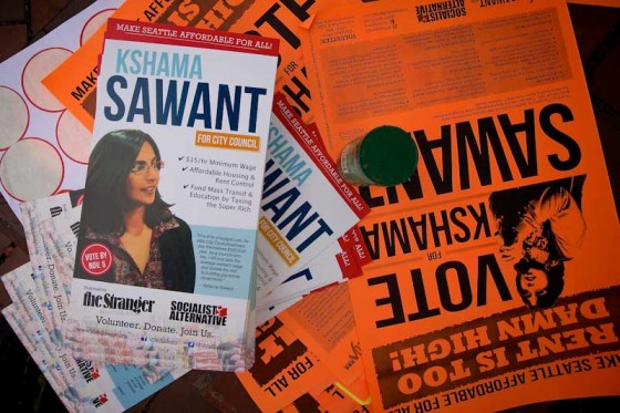 Campaign pamphlets for Indian-American Socialist candidate Kshama Sawant. (Photo by <a href="http://www.flickr.com/photos/pnwbot/">pnwbot </a> via Flickr)
