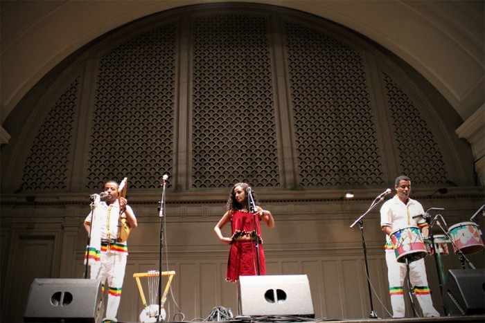 Temesegen Zeleke, Beli Nigussie and Grum Begashaw perform a song from the Ethiopian region of Oromia. (Photo by Aida Solomon) 