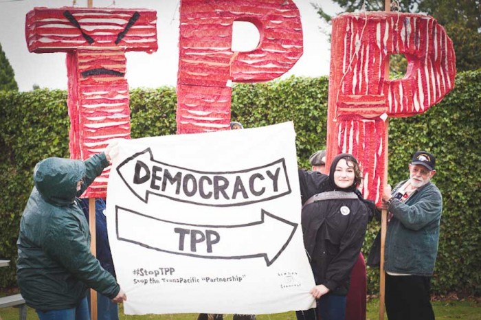 People gather at Peace Arch Park on the Canadian border in December 2012 to oppose the U.S.-led Trans Pacific Partnership. (Photo by Caelie Frampton)