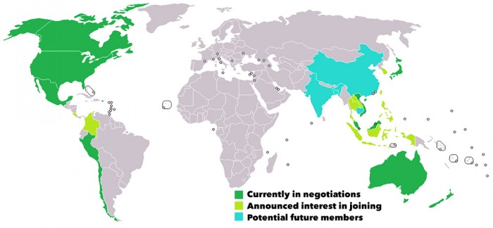 Countries involved in TPP negotiations (Map via Wikipedia)