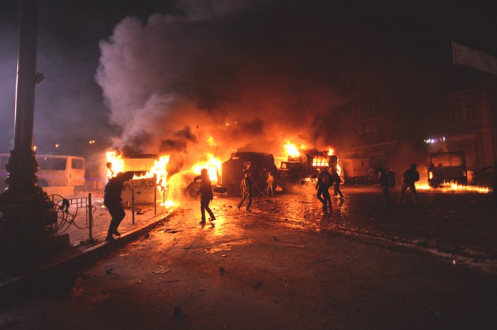 Protestors throw Molotov cocktails at police in Kiev in January. (Photo by Mstyslave Chernov via Wikipedia)
