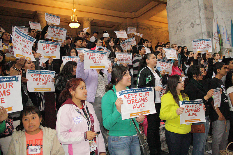 Advocates for the Dream Act rally outside the Washington State Senate. (Photo Courtesy of One America)