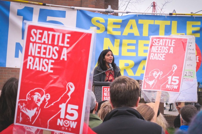 City Councilmember Kshama Sawant speaks at a March 15th rally for a $15 minimum wage. (Photo by Shannon Kringen)