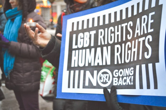 Activists in New York City take part in Global Day of Rage Against an Indian Supreme Court Judgment that reinstated Section 377 and re-criminalized homosexuality. (Photo by Sarah Bennett / IGLHRC)