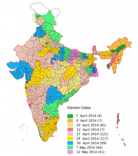Voting schedule for the 2014 Indian General Election. (Map via Wikipedia)