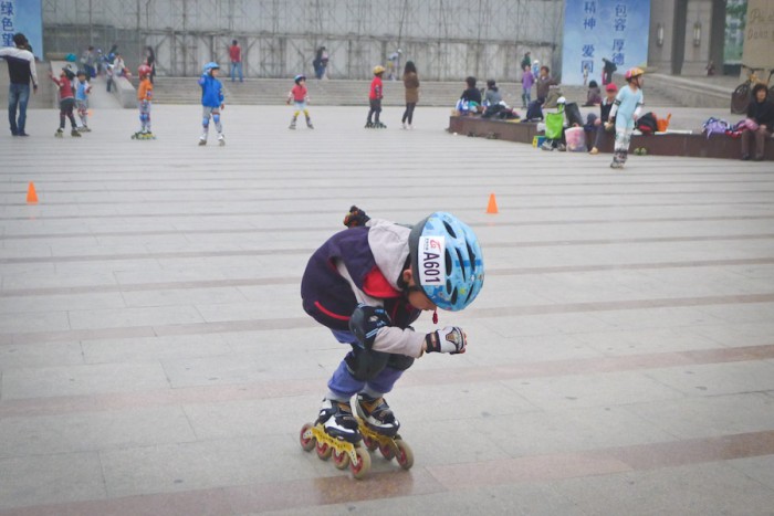 Speed skating at the public square in the Wangjing neighborhood of Beijing. (Photo by Allison Reibel)