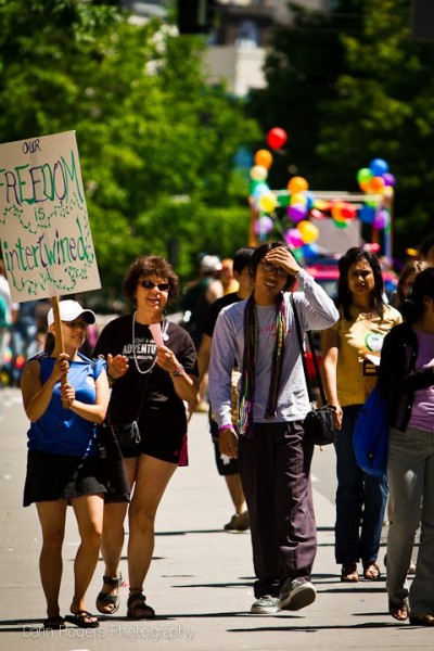 Members of Trikone Northwest, an organization supporting LGBTQ memers of the South Asian community in the Pacific Northwest, march in the 2011 Pride Parade. (Photo by <a href="http://www.darinrogers.net/">Darin Rogers</a>)
