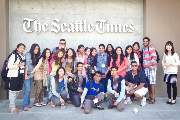 Visiting students from South Asia — seen here visiting The Seattle Times — say the US's reputation for mass shootings looms large in their home countries. (Photo by Catherine Cheng)