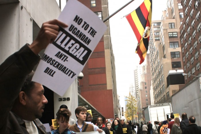 Protestors gather outside the Ugandan Embassy in New York City in 2009, when the Anti-Homosexuality Bill was first introduced. (Photo by Kaytee Riek)