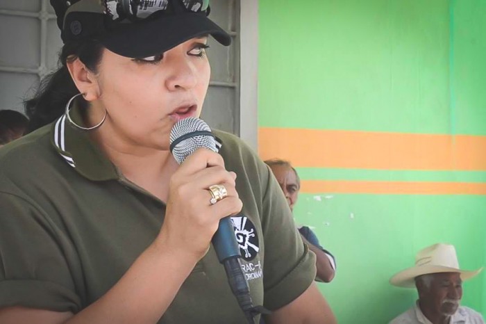 Nestora Salgado addresses the community police force she lead in Olinalá, Mexico, prior to her arrest last year. (Still from Youtube)