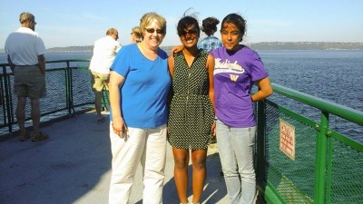 Lynn Thompson on a ferry ride with Anuja Khadka from Nepal and Zenisha Gonsalves from India (photo by Zenisha Gonsalves) 