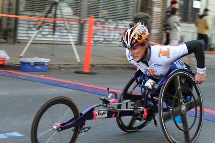 A New York City Marathon competitor uses a racing wheelchair.