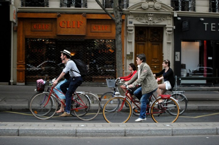 Cyclists in Paris, where a fashionable and widespread biking culture is enjoyed by everyone, from urban professionals to Tour de France junkies. (Photo by Molly Goren).
