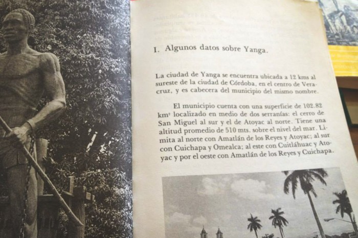 A Mexican history book showing the famous statue of Gaspar Yanga in the town that was named for him. (Photo by Reagan Jackson) 