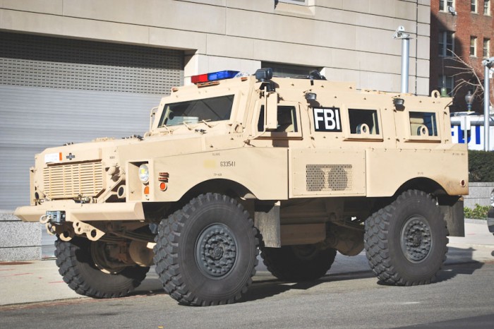 An MRAP (Mine Resistant Ambush Protected Vehicle) returned from war in Iraq and pressed into service for the FBI. Seventeen local police departments in Washington state have ordered these kinds of vehicles through a free Defense Department program. (Photo via Wikipedia)