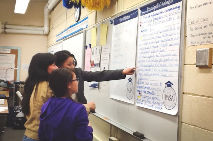 Mai Tran (rear) working with Vietnamese families to select questions to be asked during a dialogue with on of the Kent School District's principals. (Photo courtesy of Millicent Borishade)