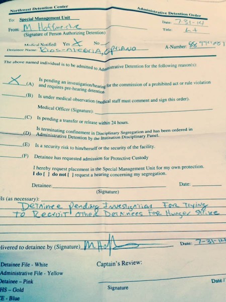A copy of the Administrative Detention Order placing Cipriano Rios-Alegria into isolation for encouraging other detainees to go on hunger strike. (Photo by Alex West)