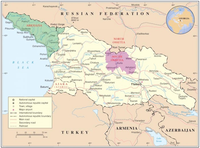 A map of Georgia showing the tiny breakaway regions of Abkhazia and South Ossetia. (Map via Wikipedia)