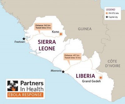Parnters in Health, an NGO doing Ebola relief in West Africa released this map, emphasizing the difficulty of transporting supplies and personnel to the effected areas.  