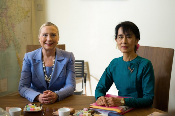 Burmese opposition leader Aung San Suu Kyi with then Secretary of State Hillary Clinton in 2010. After almost 15 years under house arrest by the military junta, Suu Kyi was elected to Burmese Parliament in 2012. (Photo via US State Department)