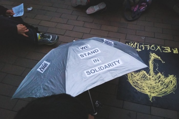 Umbrellas, used by student protesters in Hong Kong to shield themselves from police pepper spray, have become symbols of the nacent pro-democracy movement. (Photo by Gennie Gebhart)