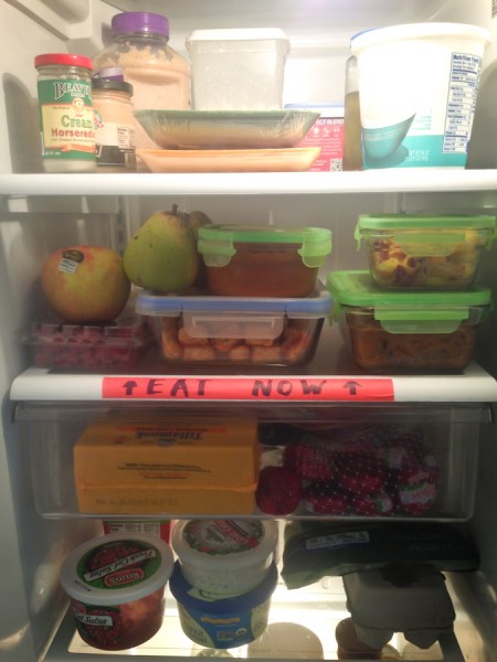 After completing the Food to Good to Waste audit, Gina VanLoon took the advice on King County's website and designated an Eat Now shelf in her refrigerator. It works well, she says, because her kids can easily open the fridge and know exactly what will go bad if not eaten soon. (Photo courtesy Gina VanLoon)
