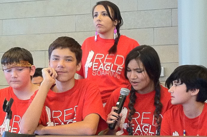 Youth panelists from the Red Eagle Soaring arts education program represent a couple of hours before the Indigenous People's Day resolution is signed. From left to right, Bear VanSenus Lonefight (Snohomish), Tony Brown-Mather (Tsimshian) , Areal GoodVoice (Sicangu Lakota, Athabascan), Della Keahna Uran (White Earth Ojibwe, Meskwaki) and Gracie Johnston (Chickamunga Cherokee). (Photo by Christina Twu)