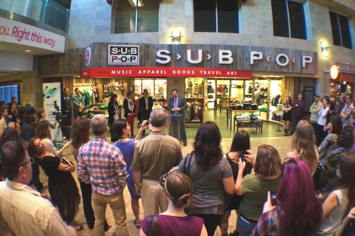The opening ceremony for Sub Pop's new gift shop at Sea-Tac Airport, back in May. (Photo courtesy Sub Pop)