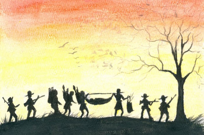 Soldiers from the local ethnic army escorted Kyaw Eh’s family as they made the long trek on foot to the Thai-Burma border. ("Wounded Journey" painting by Kyaw Eh, courtesy of Erika Berg)
