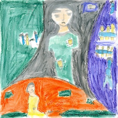 Registered as a refugee in Delhi, the 15-year-old Chin refugee girl who painted this visual story is a rape survivor assaulted in Burma's Chin State — the most impoverished one in the nation.  When asked about her dream for the future,  she shared her vision of opening a rape crisis center for refugee  women and girls in Delhi. (Image courtesy of Erika Berg)